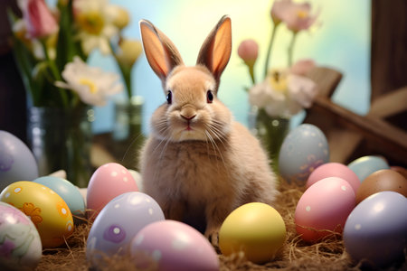 Cute rabbit with colorful Easter eggs and flowers - spring celebration. AI generatedの素材