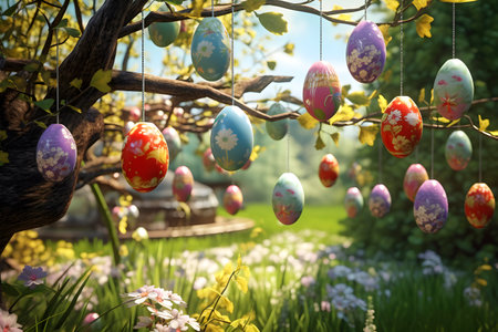 Easter eggs hanging on tree - European festive tradition. AI generatedの素材