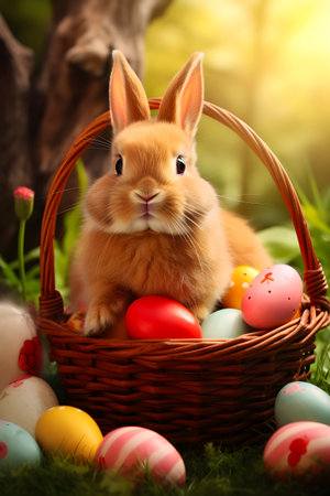 Cute brown rabbit with colorful Easter eggs in basket in sunlight - Easter card. AI generatedの素材