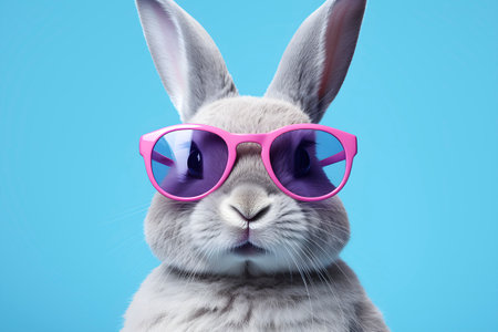 Portrait of a fashionable rabbit wearing pink sunglasses on blue background. AI generatedの素材