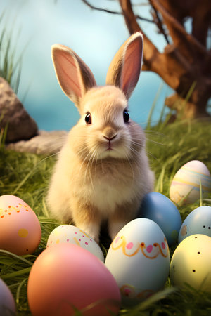 Cute brown rabbit among colorful eggs - Easter card. AI generatedの素材