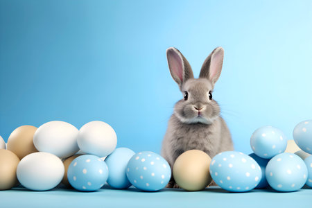 Gray rabbit with blue Easter eggs. Copy space background. AI generatedの素材