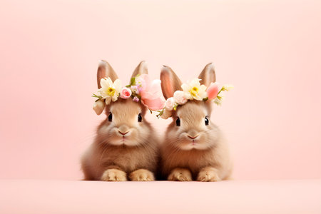 Portrait of two cute rabbits with flower wreaths on pink background. Easter card. AI generatedの素材