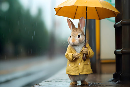 Cute bunny with yellow umbrella in the rain. AI generatedの素材