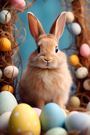 Cute brown rabbit among colorful eggs - Easter card. AI generatedの素材