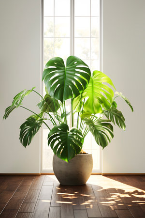 Monstera plant in the interior by the window. Healthy environment with greenery. AI generatedの素材