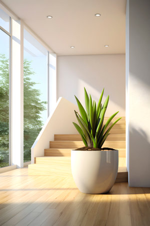 Large succulent plant in pot decorates stairs of light house. Plants in interior. AI generatedの素材