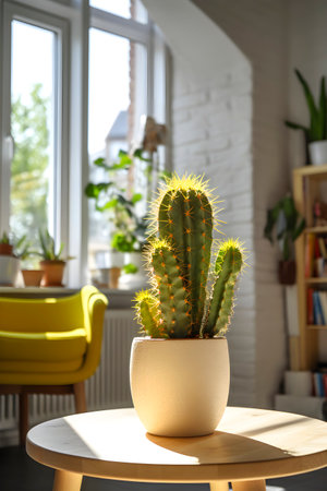 Cactus in a pot in the interior of the living room with window. AI generatedの素材