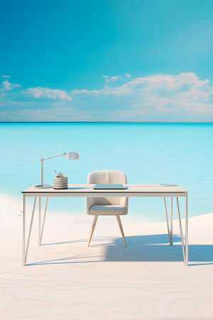 Work desk on beach with white sand. Psychological comfort at work. AI generatedの素材