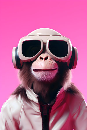 Futuristic portrait of monkey in virtual reality glasses. AI generatedの素材