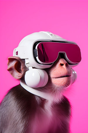 Futuristic portrait of monkey in virtual reality glasses. AI generatedの素材