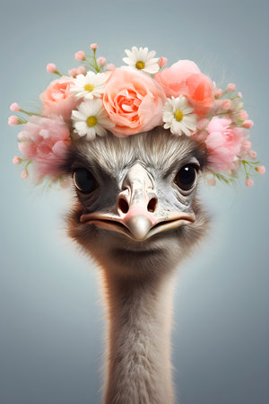 Ostrich adorned with a flower crown on its head.の素材