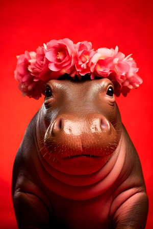 A hippo with a flower crown on its head in a zoo enclosure.の素材