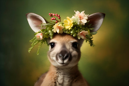 Baby kangaroo adorned with a delicate flower crown on its head.の素材