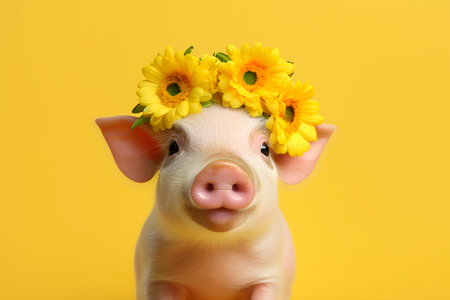 A pig adorned with a crown of colorful flowers on its head.の素材