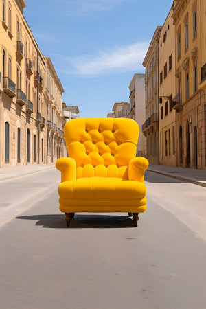 A yellow chair is placed in the center of street in sunlight. Furniture fashion concept. Surreal. AI generatedの素材