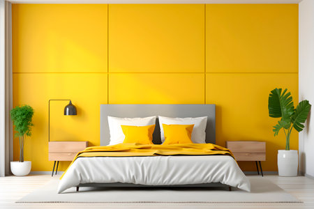 A bedroom with vibrant yellow walls and a pristine white bed. AI generatedの素材