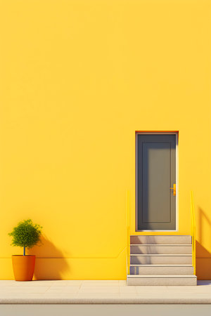 A yellow building with a door and steps leading up to its entrance. AI generatedの素材