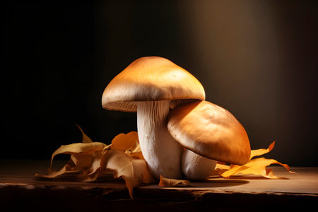 Two mushrooms on wooden table in a simple composition. AI generatedの素材