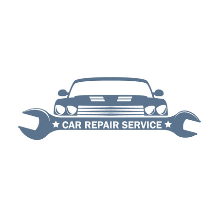 vector monochrome car service in retro style with a wrench and car body; garage sport cars repair and customizing label, transport customizing and repair service iconのイラスト素材