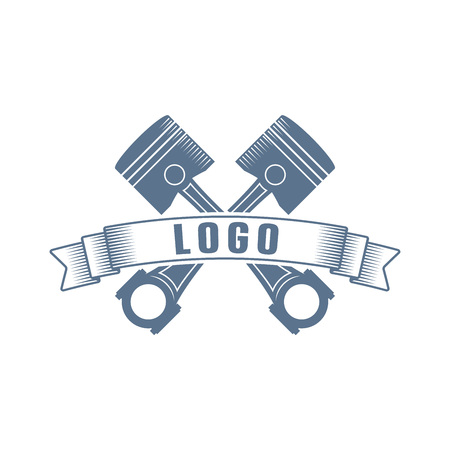 Simple monochrome vector logo with a pistons, ribbon and textのイラスト素材