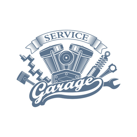 monochrome vector garage service  in a retro style; vintage car repair service emblem with a wrench, motorcycle engine, piston and crankshaftのイラスト素材