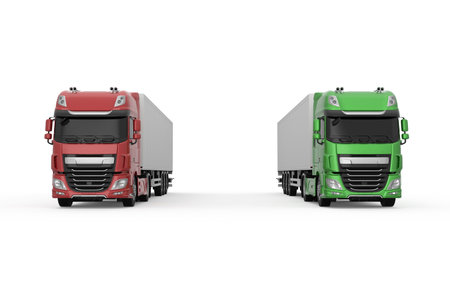 Two generic trucks with semi trailers: one green eco-friendly and one red - photo realistic isolated...
