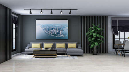 Modern living room, photorealistic 3D Illustration of the interior, suitable for using in video conference and as a zoom background.の写真素材