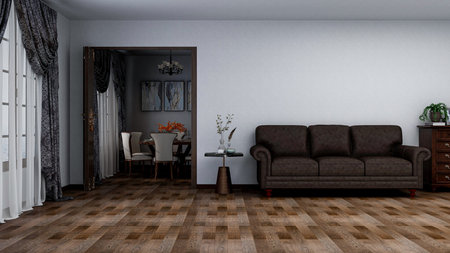 Modern light living room with text space, photorealistic 3D Illustration of the interior, suitable...