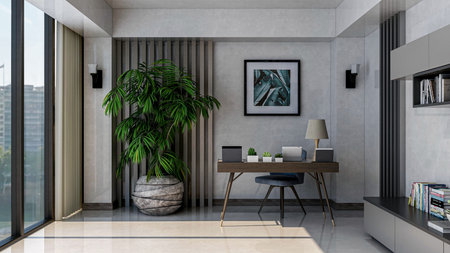 Luxury home office, photorealistic 3D Illustration of the interior, suitable for using in video...