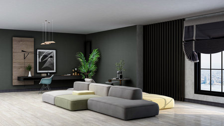 Luxury minimalists home office, photorealistic 3D Illustration of the interior, suitable for using...