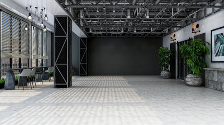 USA - December 3, 2021: Industrial style room, photorealistic 3D Illustration of the interior, suitable for using in video conference and as a virtual background.のeditorial素材