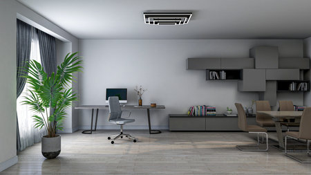 USA - December 3, 2021: Minimalistic home office room, photorealistic 3D Illustration of the...