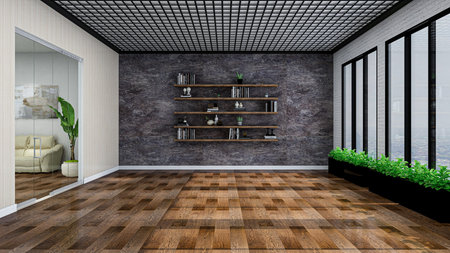 Luxury minimalist office room with book shelves, photorealistic 3D illustration, suitable for video conference and as Zoom virtual background.の写真素材