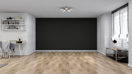 Stylish Scandinavian home office room with clean empty black wall, realistic 3D Illustration of the...