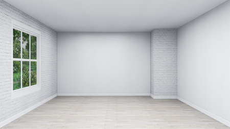 Empty room with white brick wall and wooden floor. 3D rendering