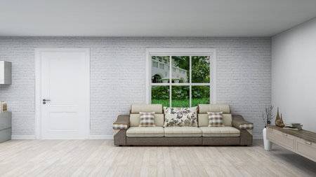 modern bright interiors 3D rendering illustration of room with white brick wall