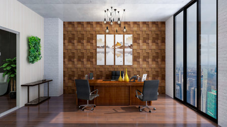 Interior of modern office with wooden walls, wooden floor and rows of chairs. 3d renderの写真素材