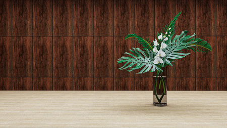 3D rendering of a vase with a tropical plant on a wooden backgroundの写真素材