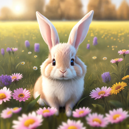 Illustration of a baby rabbit on summer meadow. Generative AIの素材