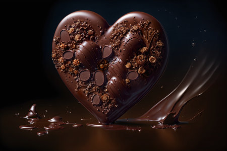 Heart-shaped chocolate decorated with caramel flowers and ornaments on a dark background. Generative AIの素材