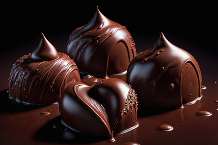 A set of four chocolates poured with chocolate sauce and sprinkled with chocolate on a dark background. Generative AIの素材