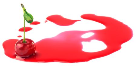 Ripe red cherry in juice isolated on whiteの写真素材