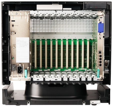 Phone switch system front view chassis without front cover, isolated on the white