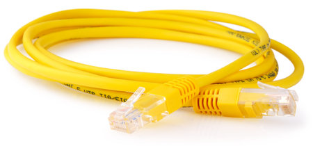 Yellow copper data cable over white background