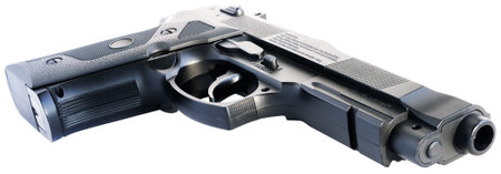 Replica steel handgun isometric view, isolated on the white