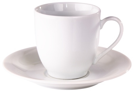 Empty ceramic coffee cup and saucer isolated on whiteの写真素材
