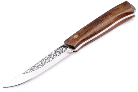 Hunting knife with wooden haft over white backgroundの写真素材