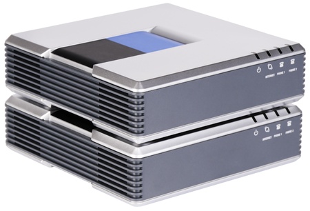 VoIP telephone adapters, isometric view, isolated on the whiteの写真素材