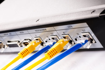 Rackmount network device with patch cords background, selective focus